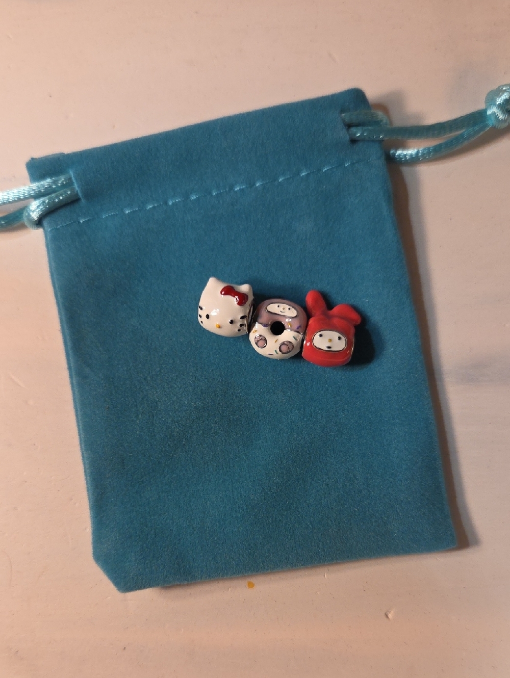 3 Hello Kitty Blue Drawstring Pouch with Red and White Character Beads